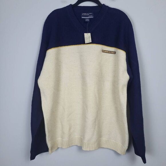 American Eagle Mens Wool V Neck Sweater Size XXL Navy Colorblock AE77 Cozy NWT - Picture 1 of 6